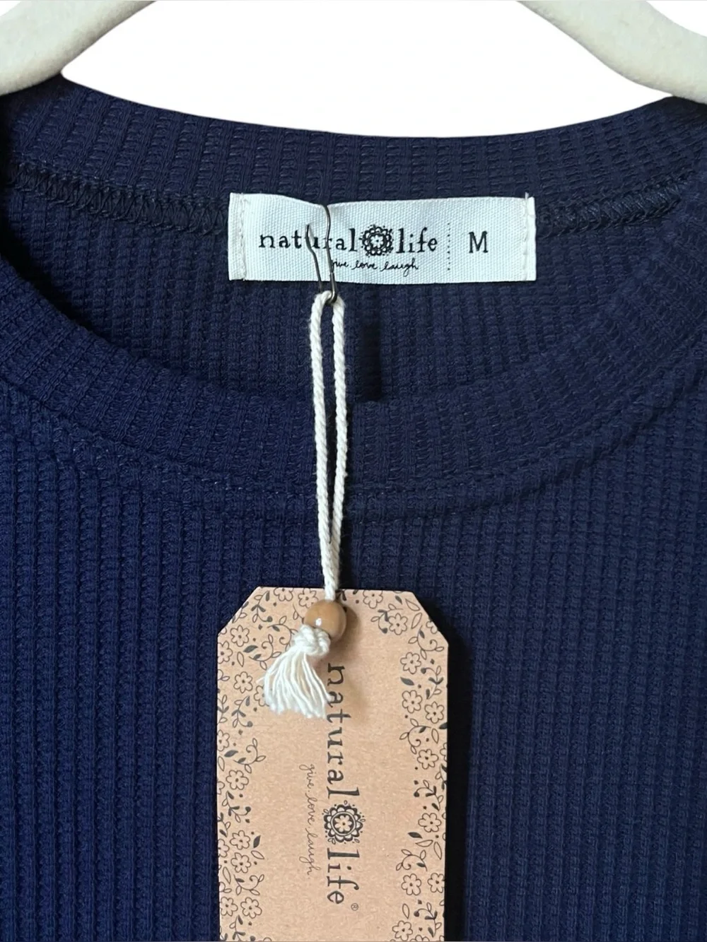 Natural Life Waffle Knit Thermal Top Boho Stripe Sleeve Navy Blue Medium NWT - Picture 4 of 6
